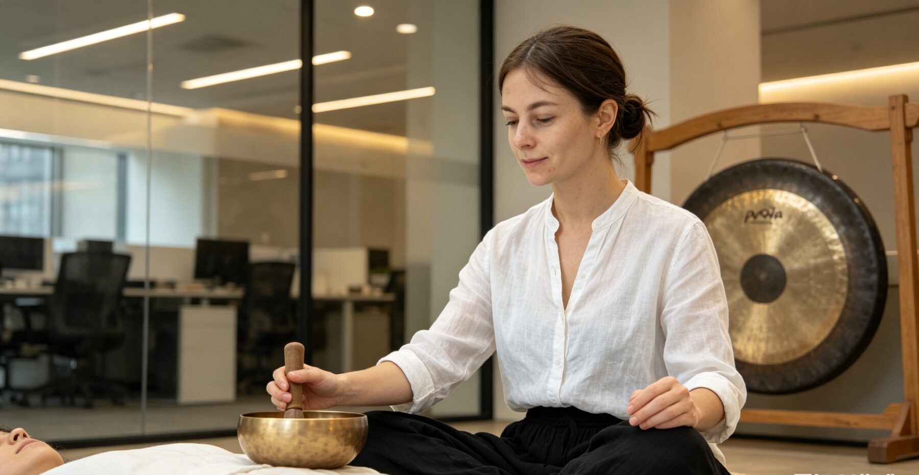 Kate preparing for a rooftop sound bath session with the Hong Kong skyline at night