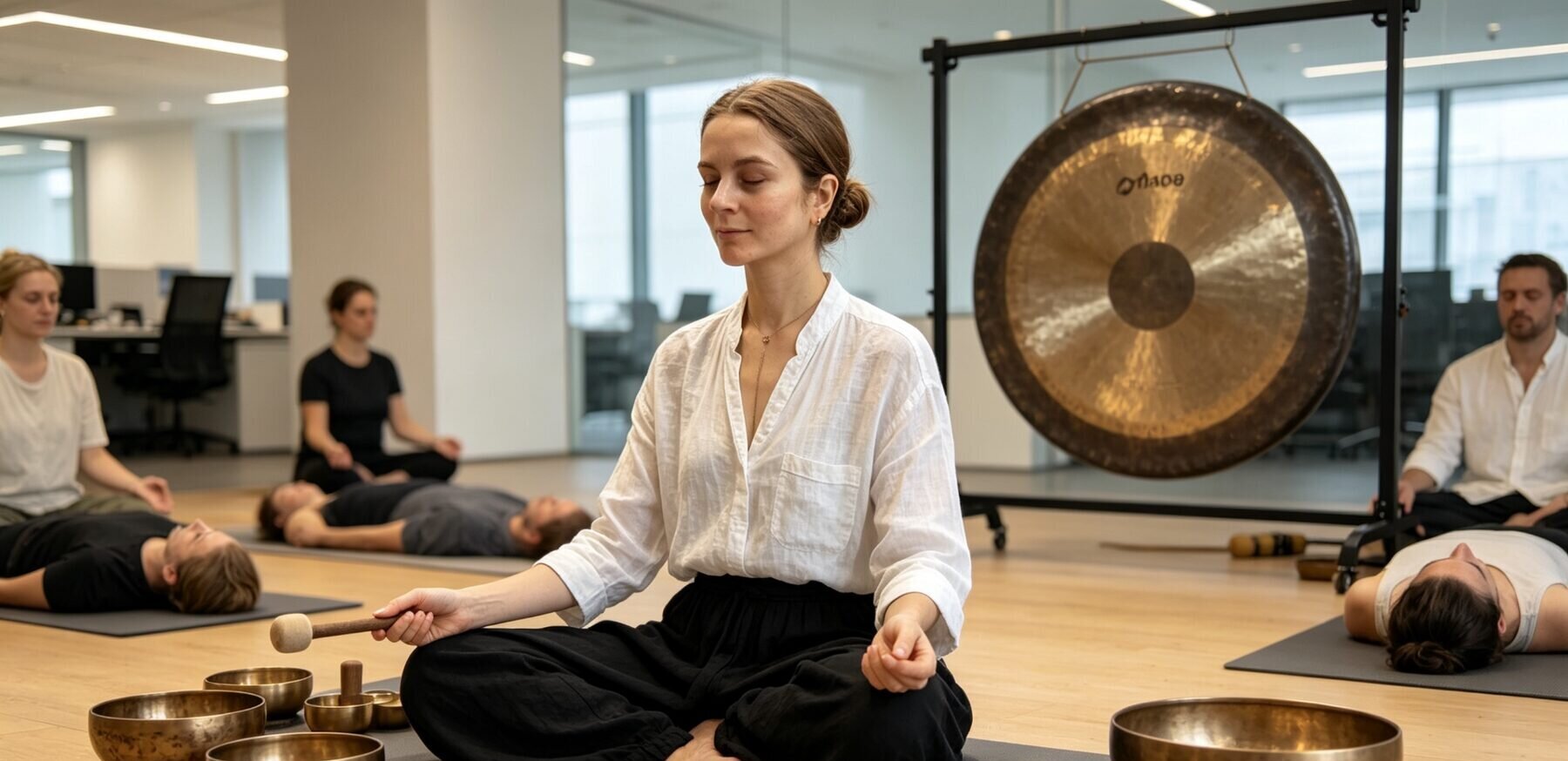 Group sound bath session for a corporate team
