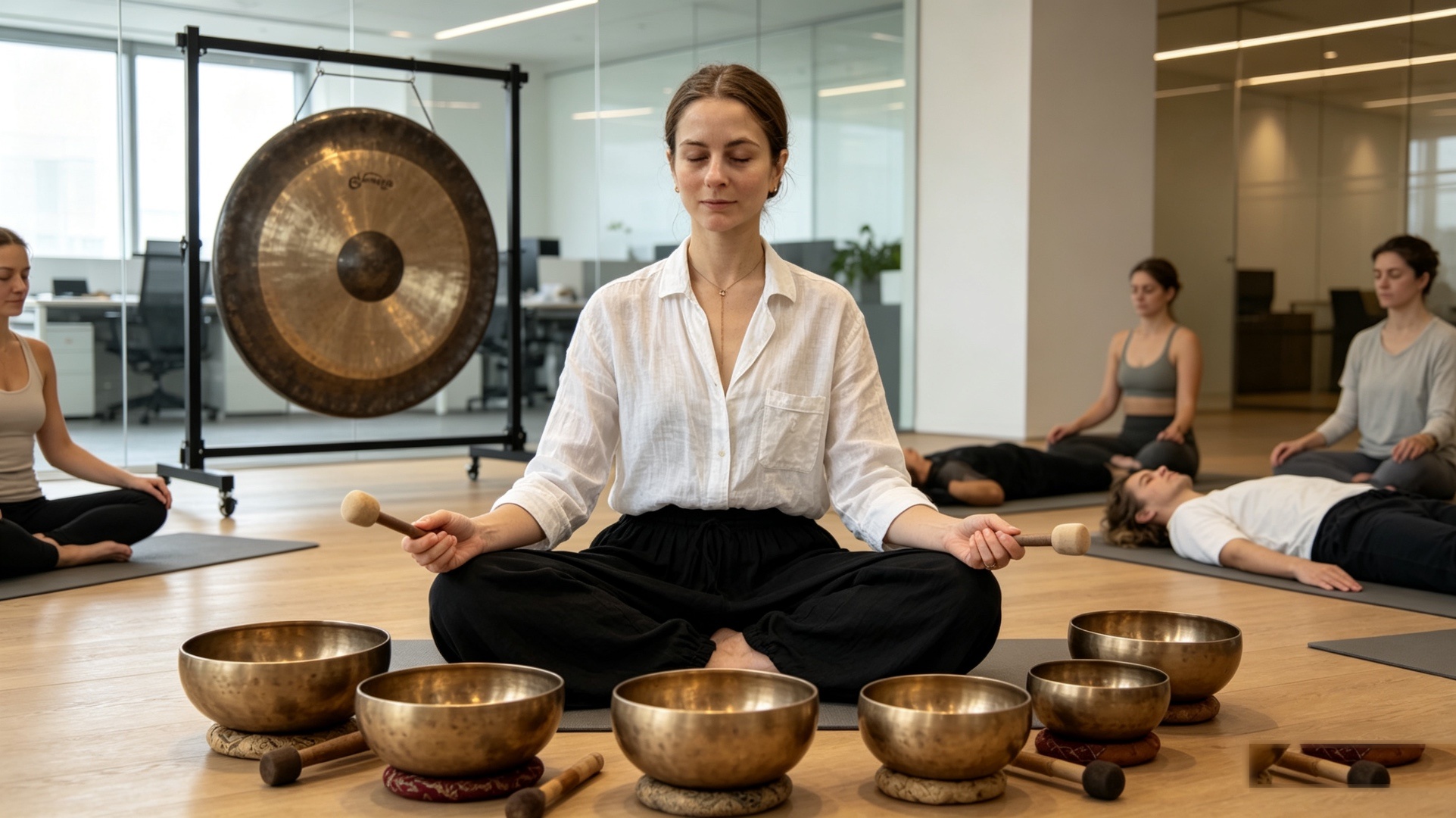 A sound therapy facilitator leading a corporate wellness session with Tibetan singing bowls in a Hong Kong office