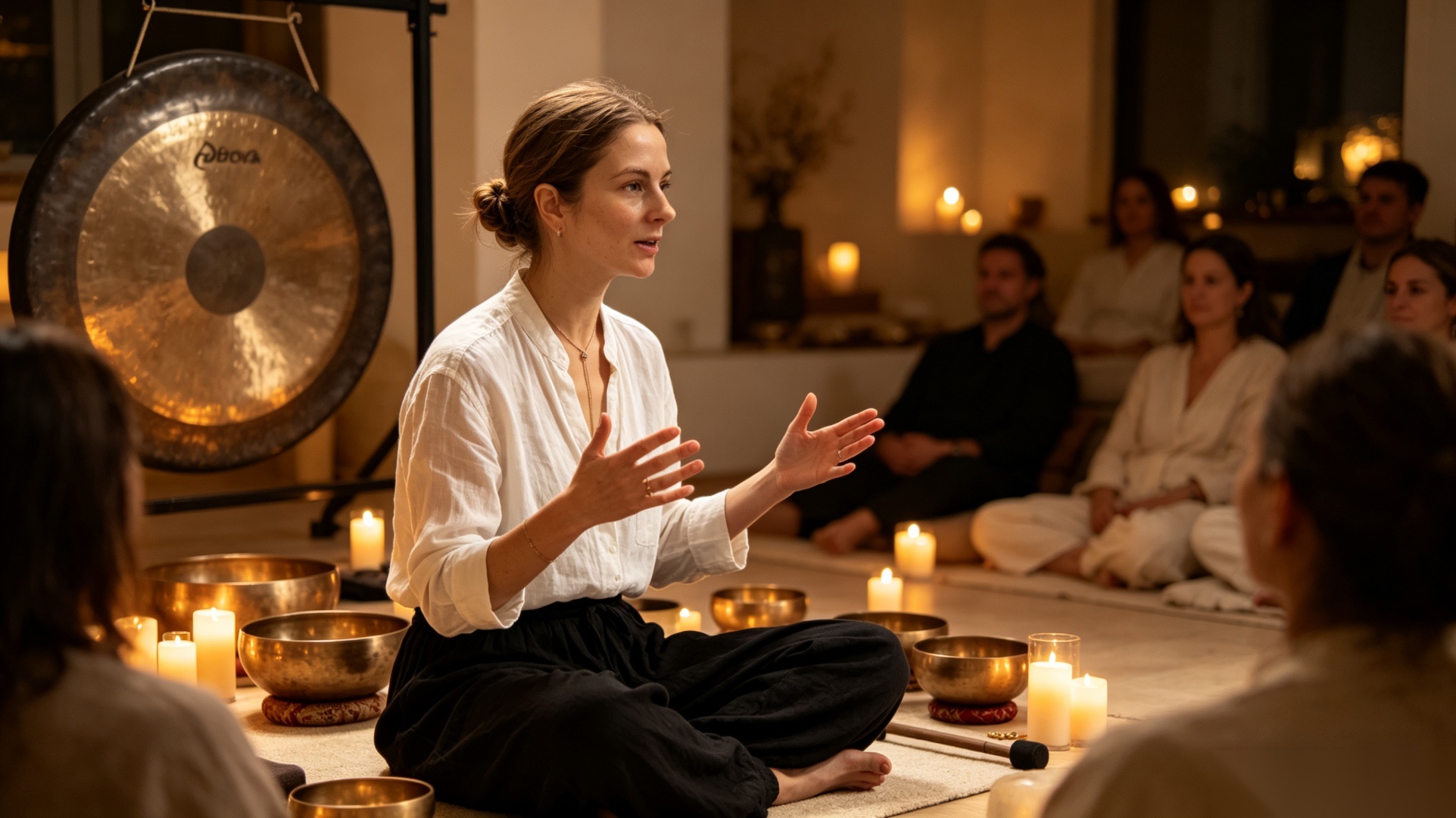 Kate leading a sound bath session with Tibetan singing bowls and gong, surrounded by candlelight and a small group of participants