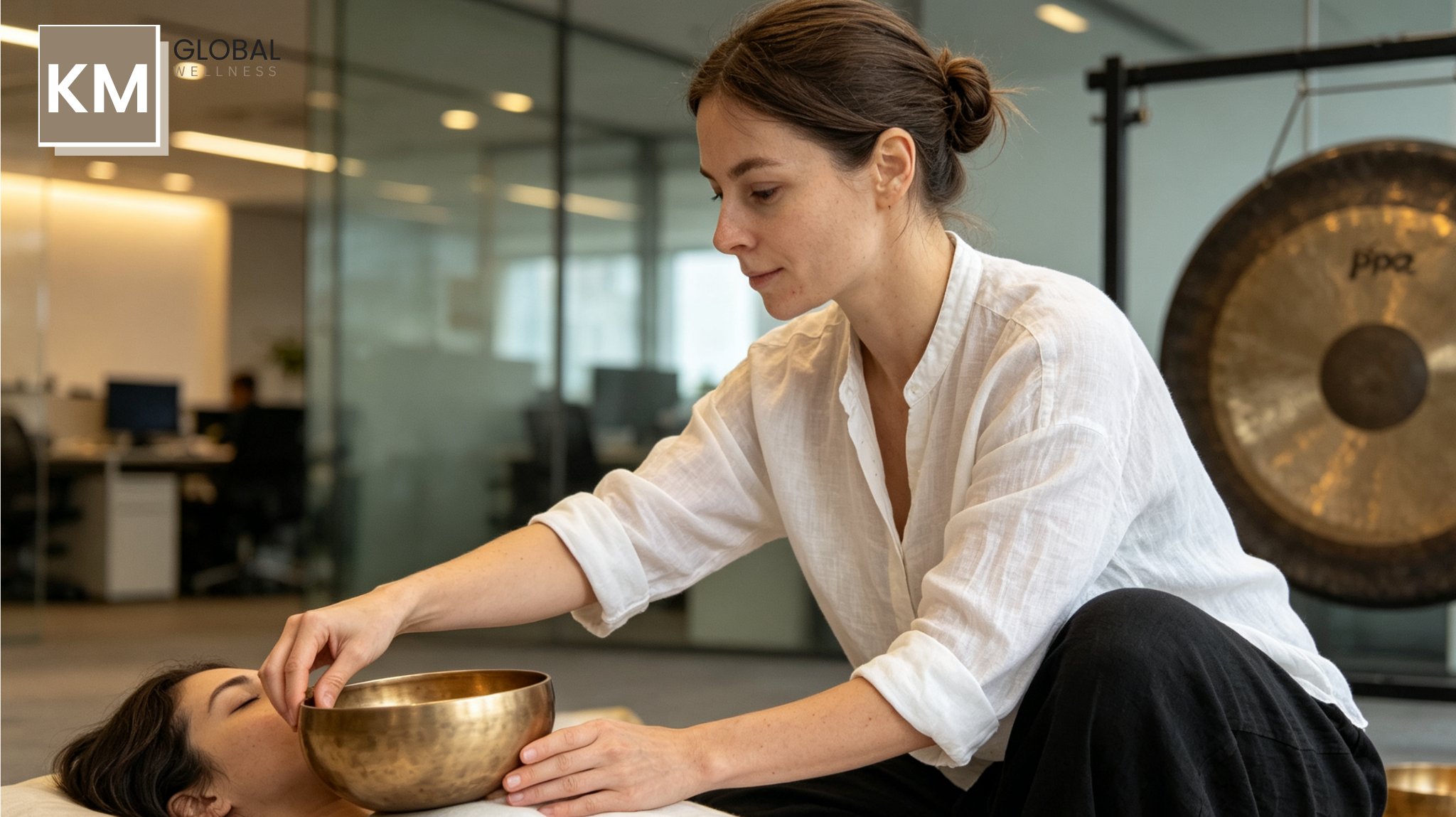KM Global Wellness practitioner guiding a Tibetan singing bowl sound session for a corporate client in a Hong Kong office, with a gong in the background