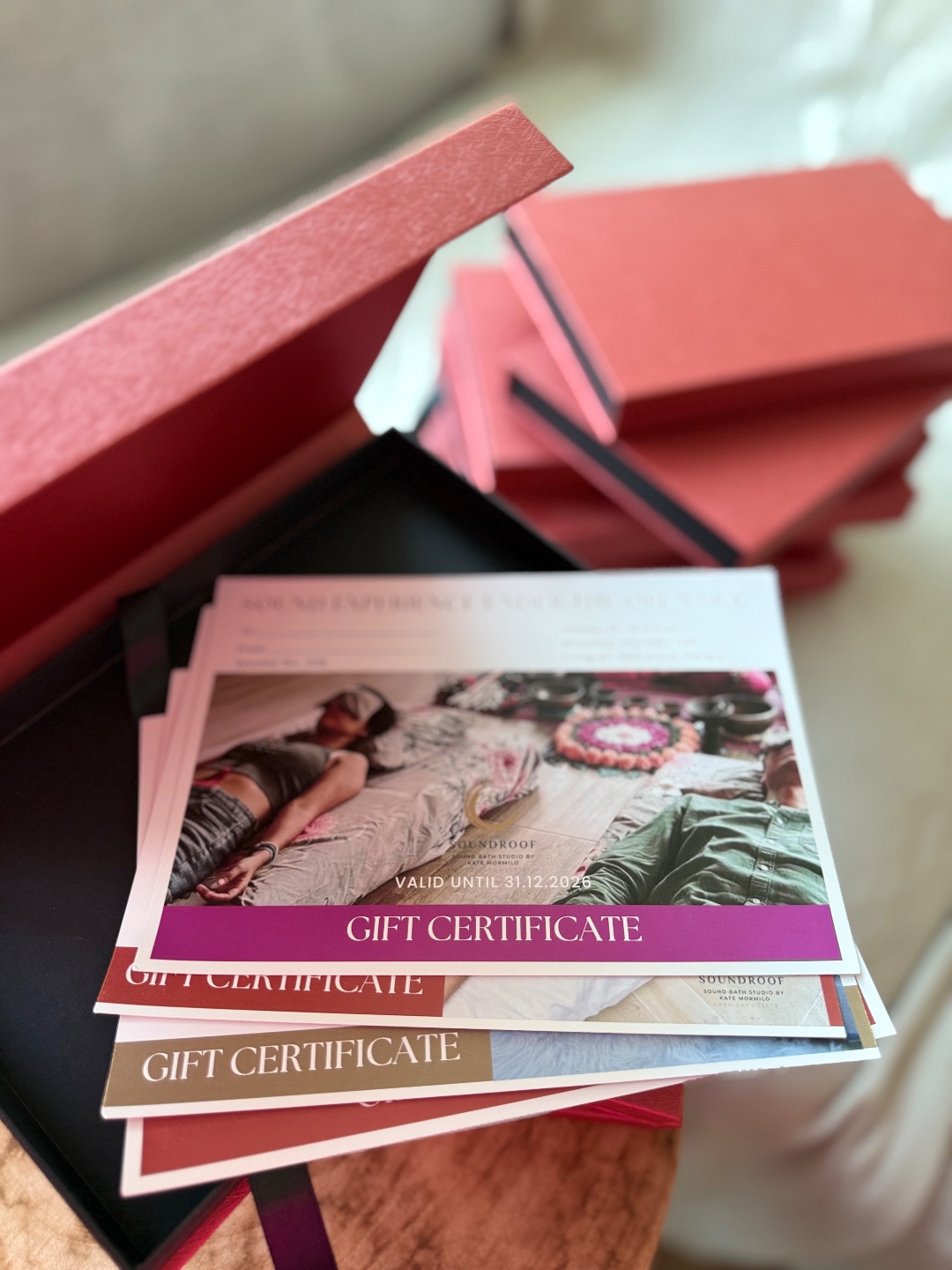 Kate Sound Studio gift certificate presented in a luxury red gift box