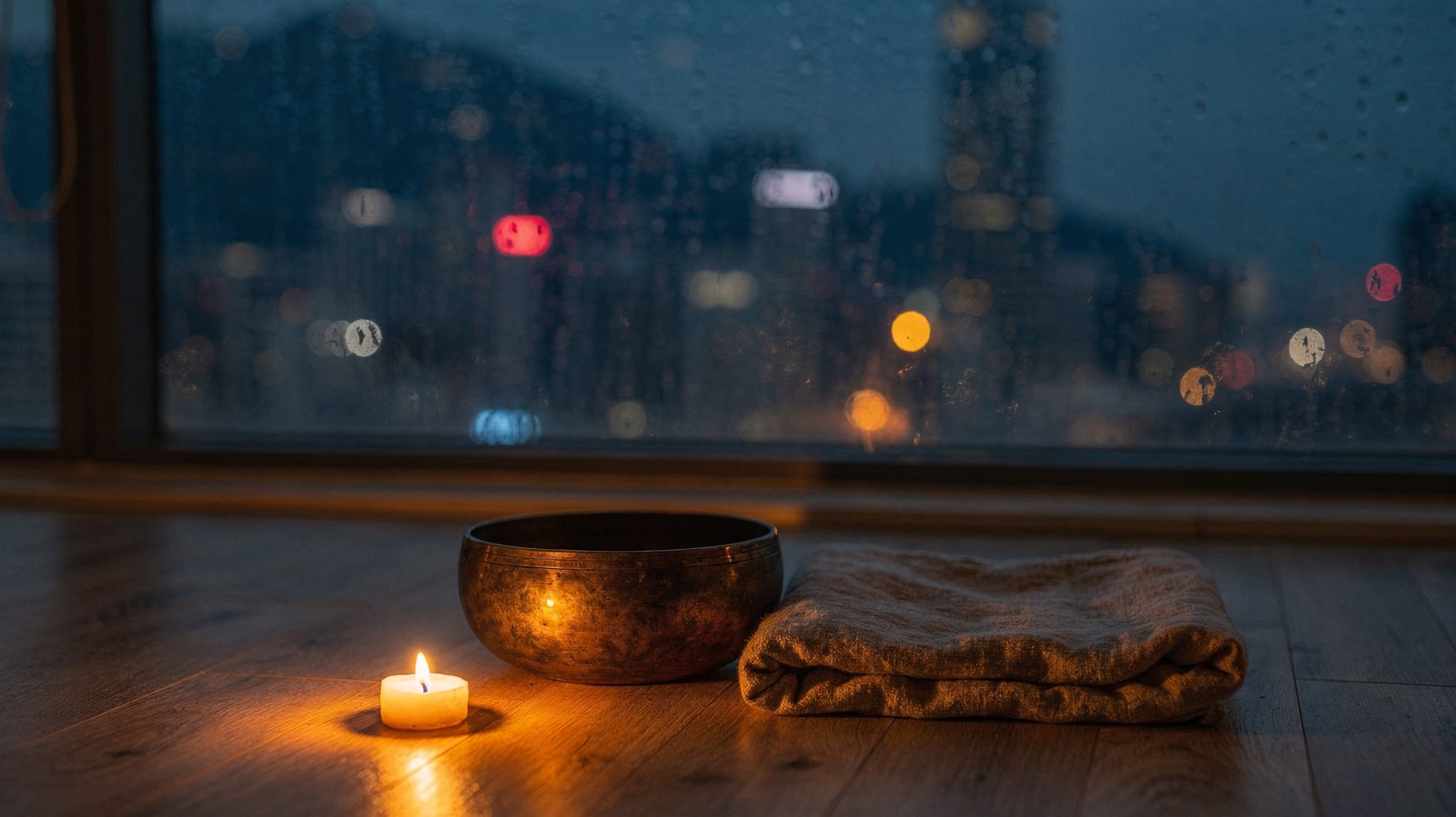 Tibetan singing bowl and lit candle on the floor of a rooftop sound studio at dusk in Hong Kong — gentle grief support through sound