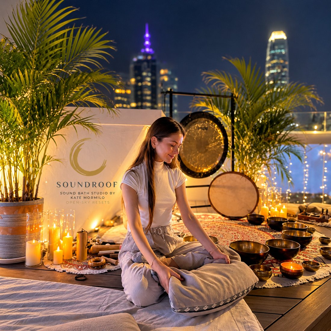 Serene rooftop sound bath at night in Hong Kong