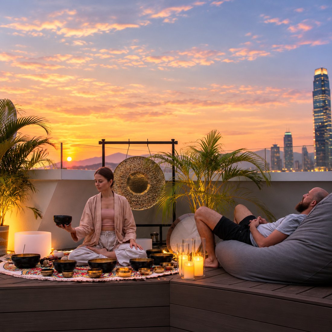 Sunset rooftop sound bath in Hong Kong