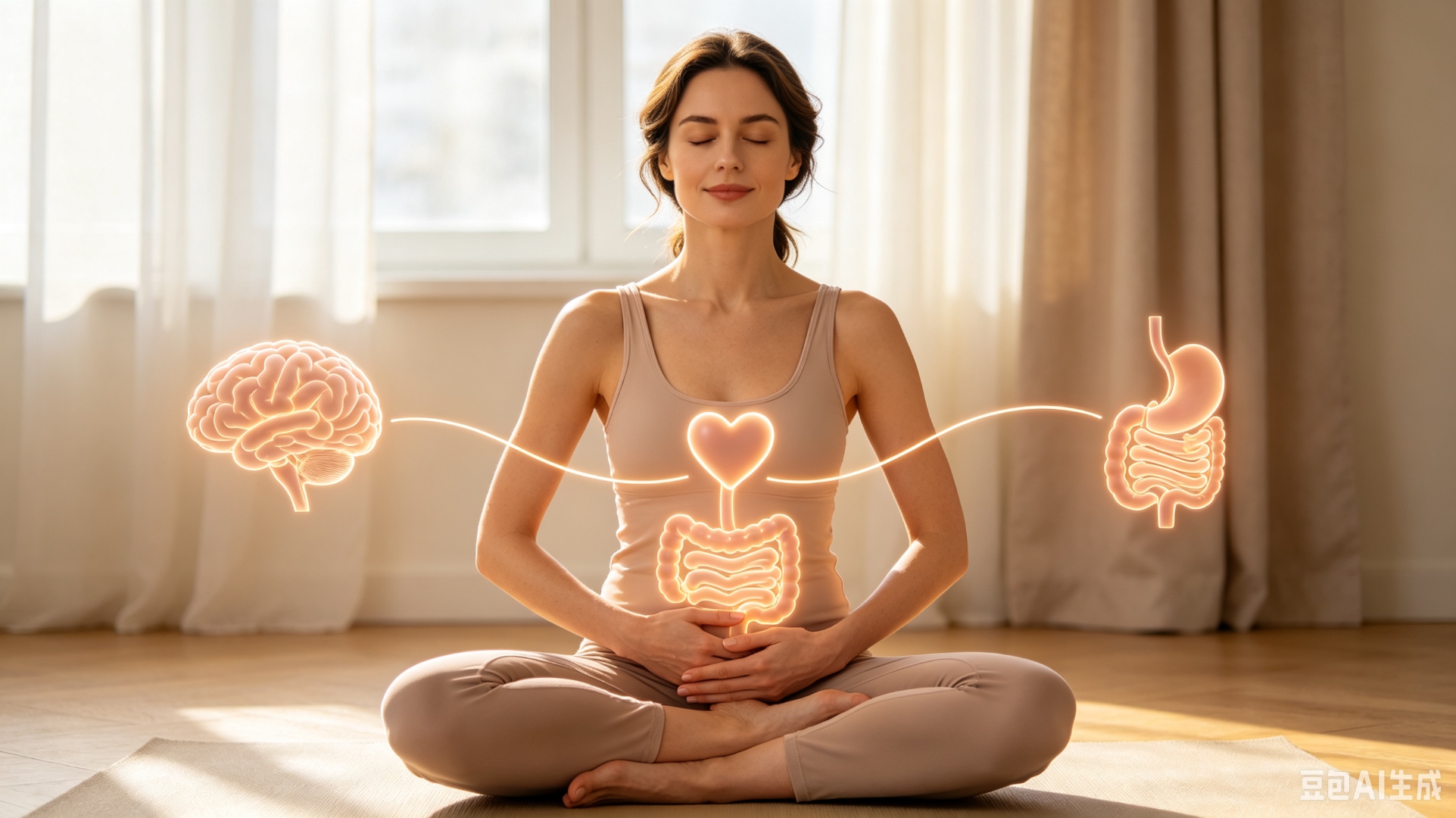 Woman meditating in lotus position with glowing illustrations of the brain, gut and digestive organs connected by light, representing the gut-brain connection