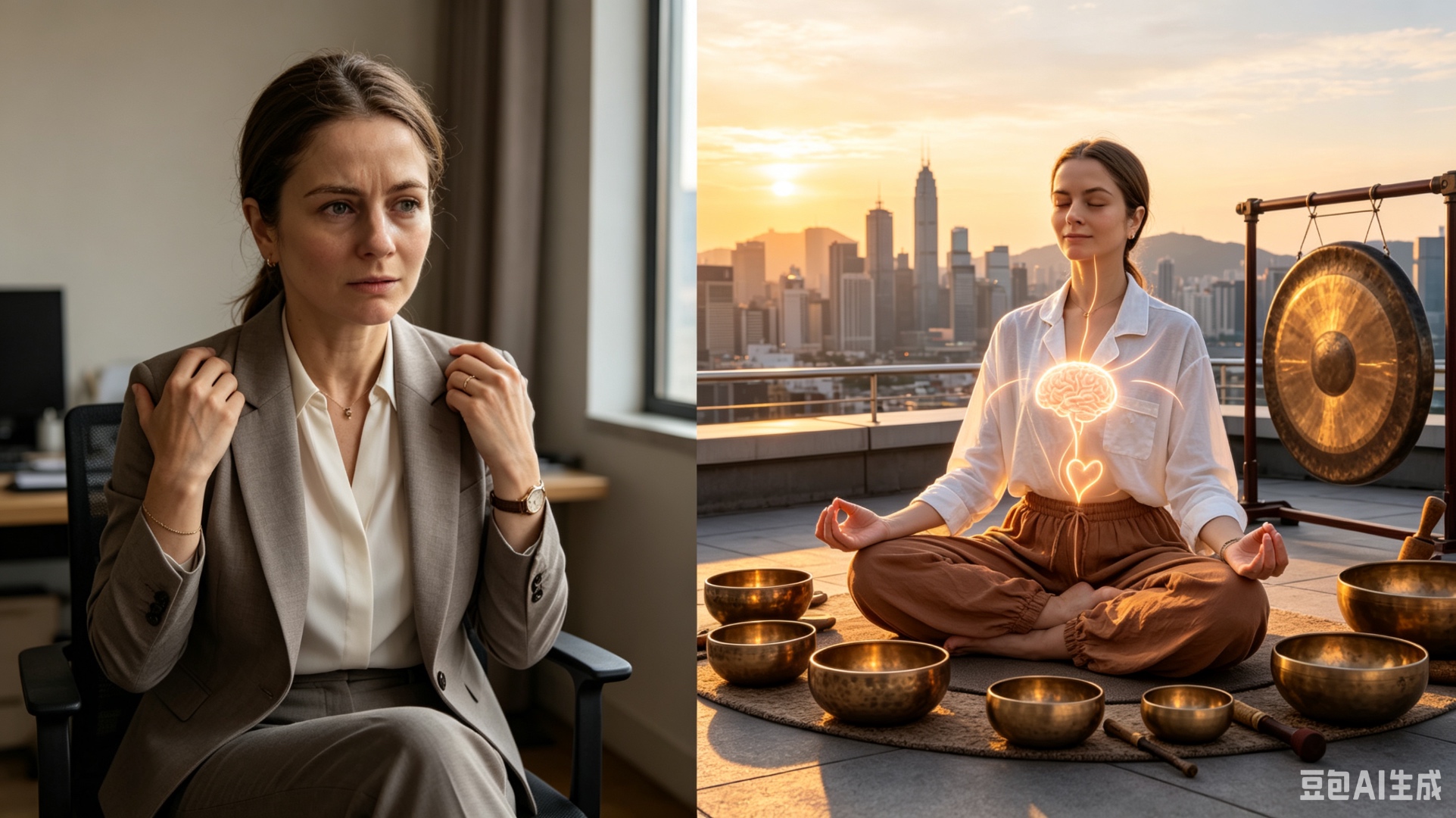 Woman stressed at work on the left, woman meditating with singing bowls on a rooftop in Hong Kong on the right