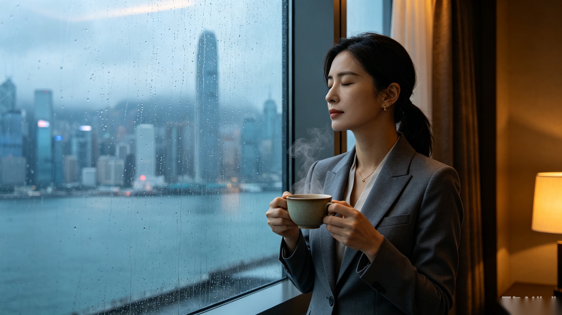 Woman holding a warm cup of tea looking out at Hong Kong's skyline through a rain-covered window