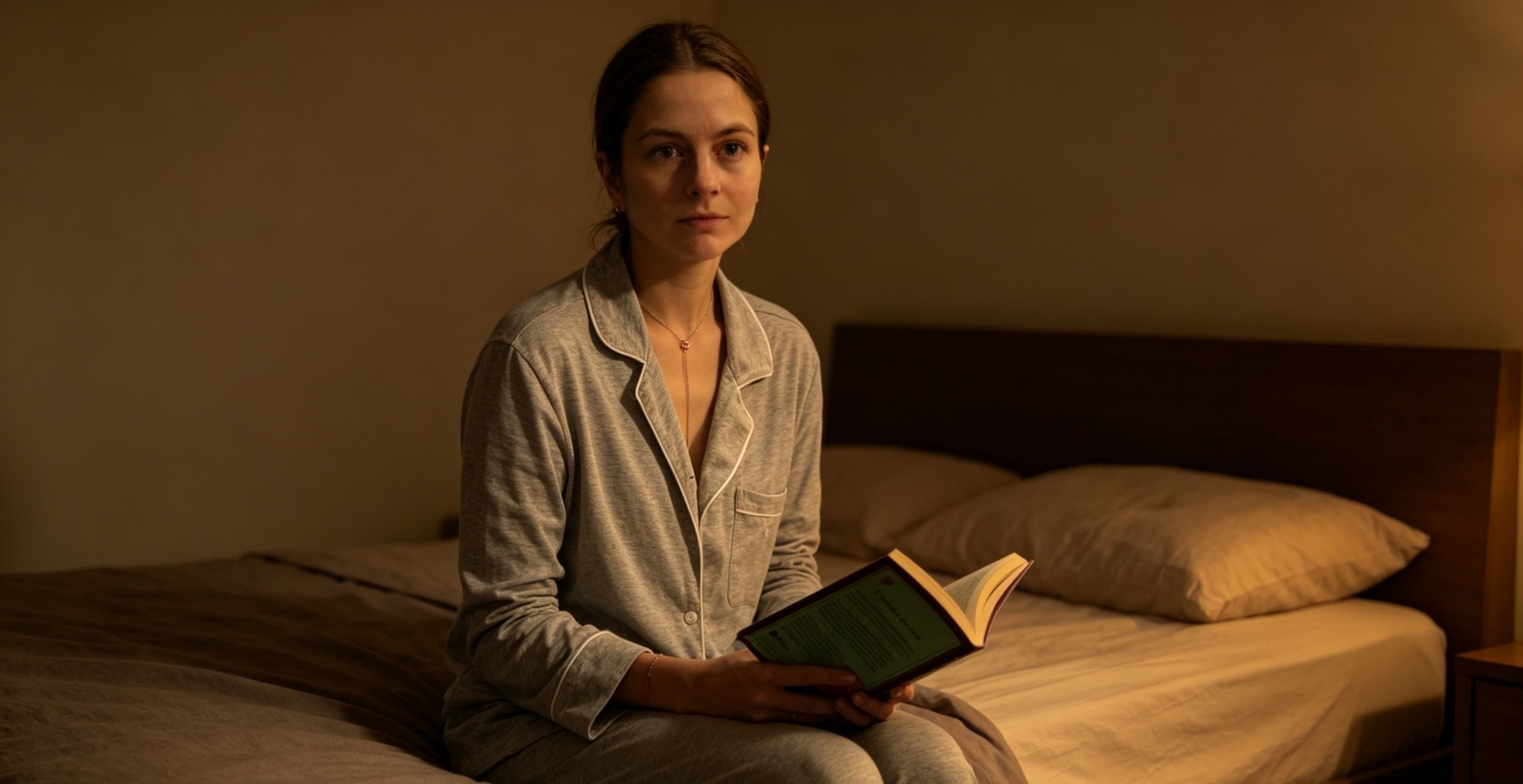 Woman in pyjamas sitting awake on her bed at night holding a book, unable to sleep