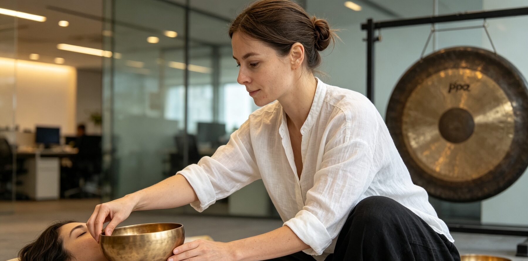 Kate Mormylo placing singing bowl