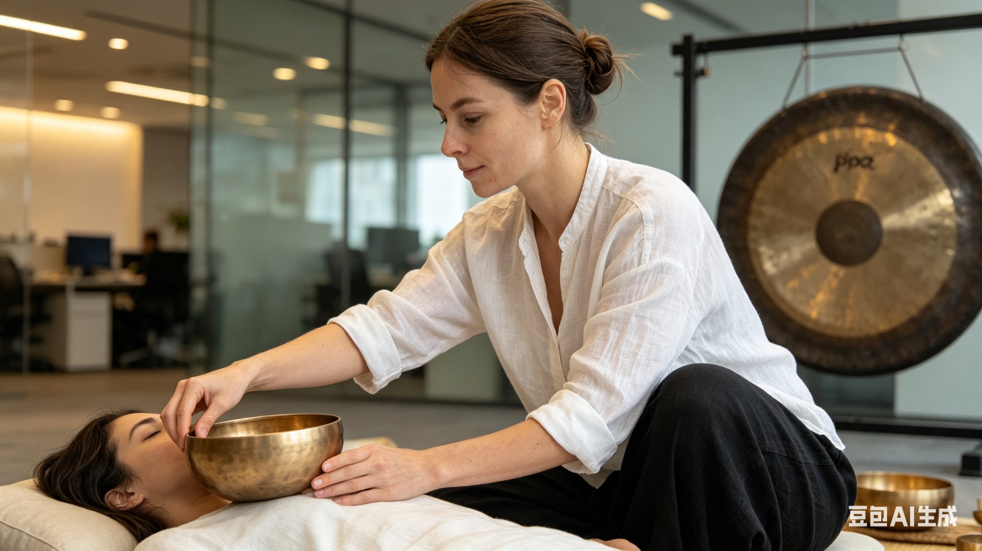 Kate placing a Tibetan singing bowl on a client during a private sound healing session, with a symphonic gong visible in the background
