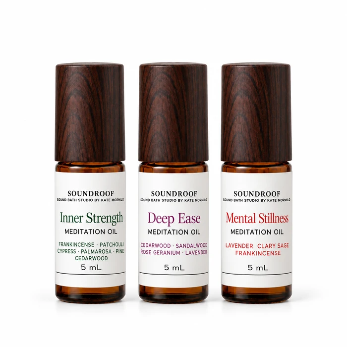 Three SOUNDROOF 5 ml rollers in Inner Strength, Deep Ease and Mental Stillness, illustrating the HKD 330 Choose Your Trio option